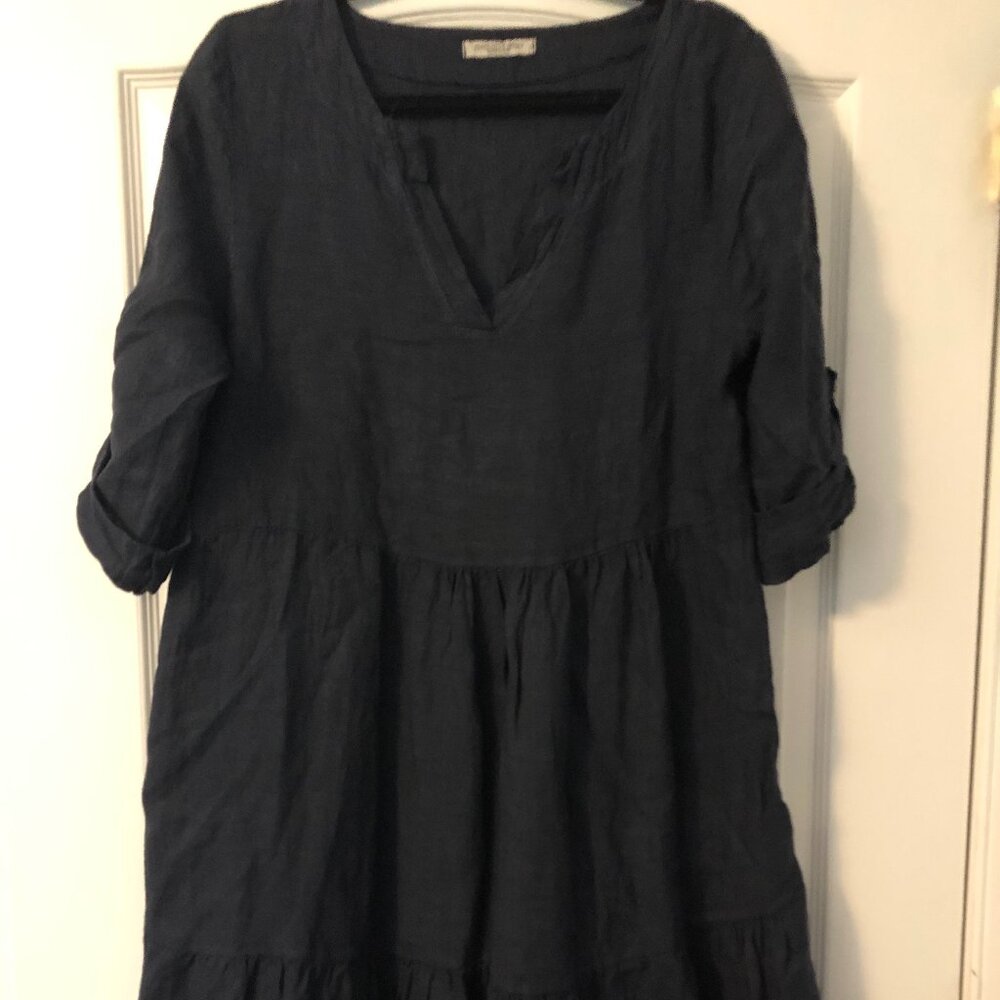 FRANCESCA BETTINI Italy Navy Blue Linen Prairie Dress - Size L